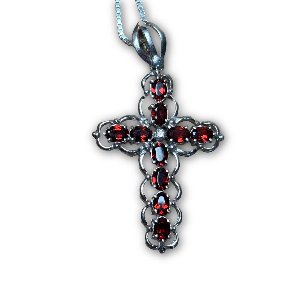 Garnet Cross Pendant Necklace in Sterling Silver